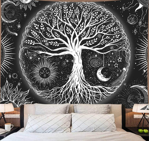 Tree of Life Tapestry Gloden Sun and Moon Wall Hanging Tapestry